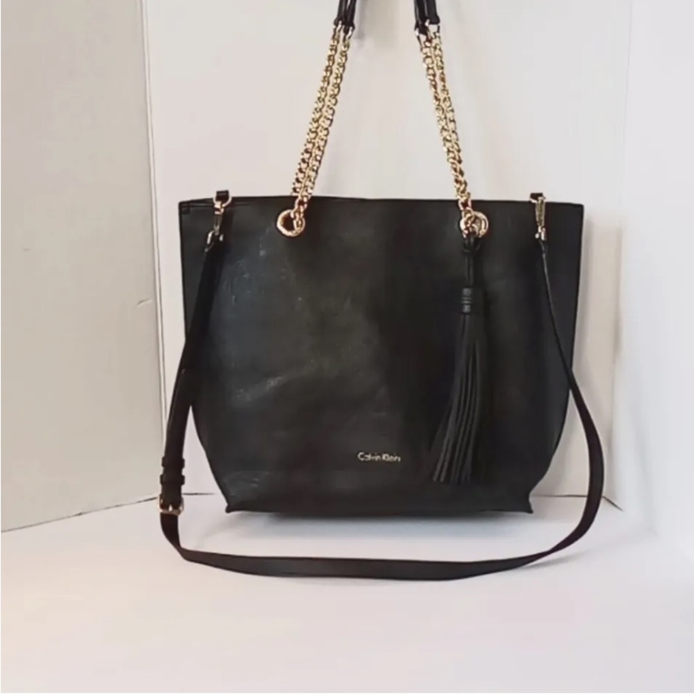 CALVIN KLEIN Black Leather XL Crossbody Tote w/Goldtone Chains NWOT